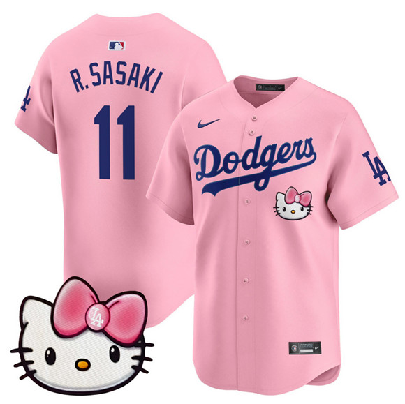 Men's Pink Los Angeles Dodgers #11 Roki Sasaki 2025 Hello Kitty Vapor Limited Stitched Baseball Jersey